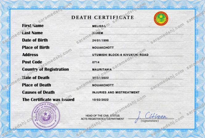 Mauritania vital record death certificate PSD template